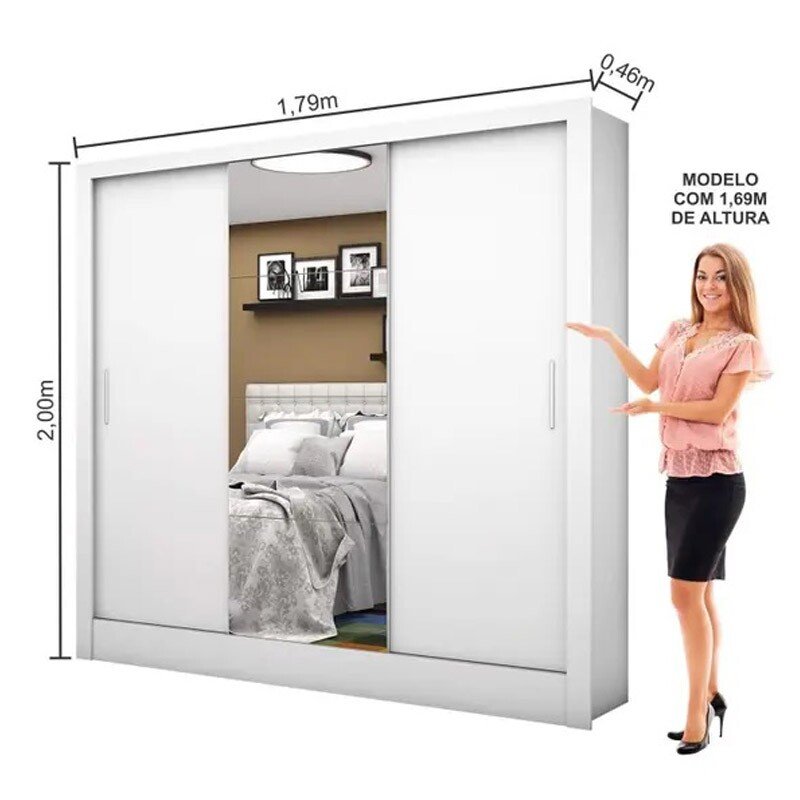 Guarda-roupa Dubai Branco 3 Portas C/ 1 Espelho Larg. 1.79m - Carioca - Imagem 4