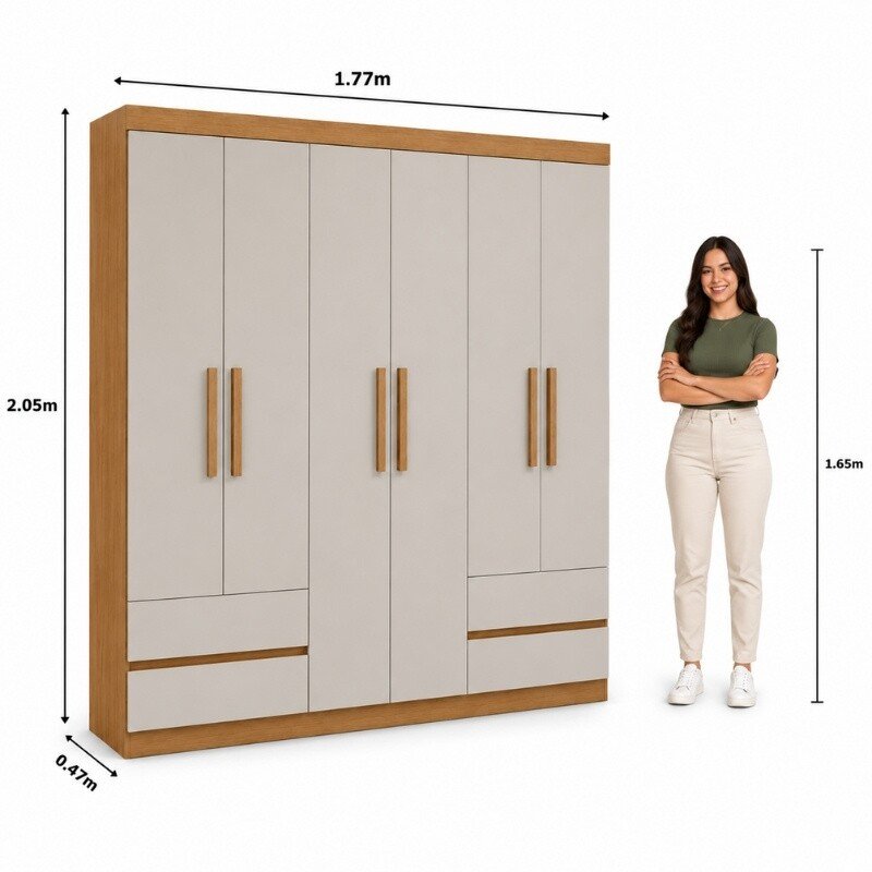 Guarda-roupa Zeus Amêndoa Clean/Off 6 Portas 4 Gavetas Larg. 1.77m - Móveis Lopas - Imagem 3