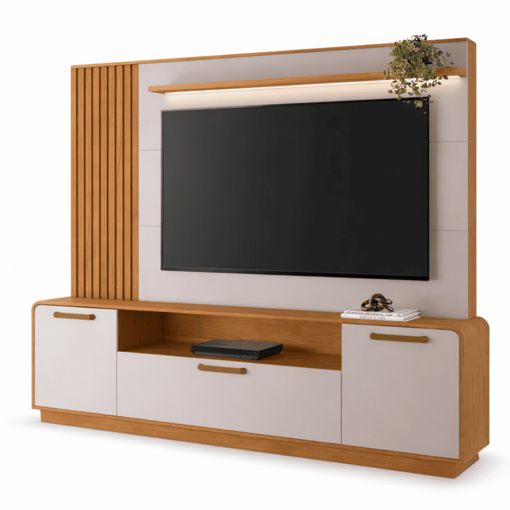 Home Apego Cinamomo-Off C/Luminária LED e Detalhe Ripado TV até 65" Larg. 2.00m - JCM