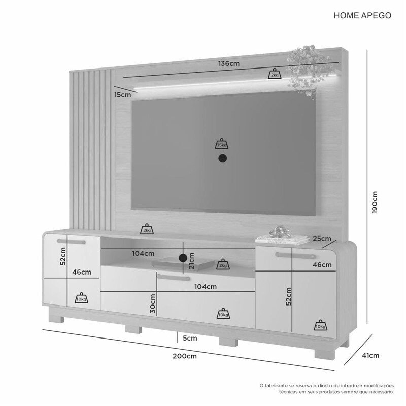 Home Apego Cinamomo-Off C/Luminária LED e Detalhe Ripado TV até 65" Larg. 2.00m - JCM - Imagem 6