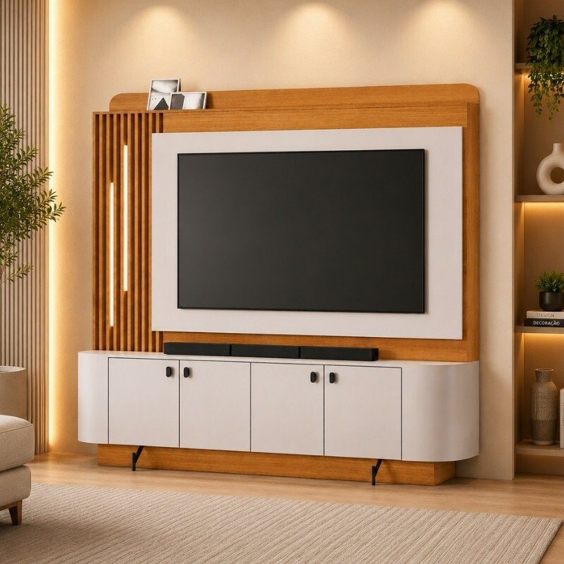 Home Dominus Candian 1.82m Cinamomo/Off White C/Detalhe Ripado e LED para TV até 65''- JCM - Imagem 3
