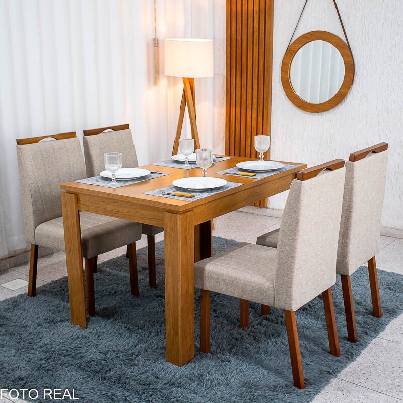 Mesa Athenas 120x80 Amêndoa Clean Tampo Maciço - Móveis Lopas + 4 Cad. Isabela Linho Bege Madeira Maciça Entregue Montada - KM Decor - Imagem 4