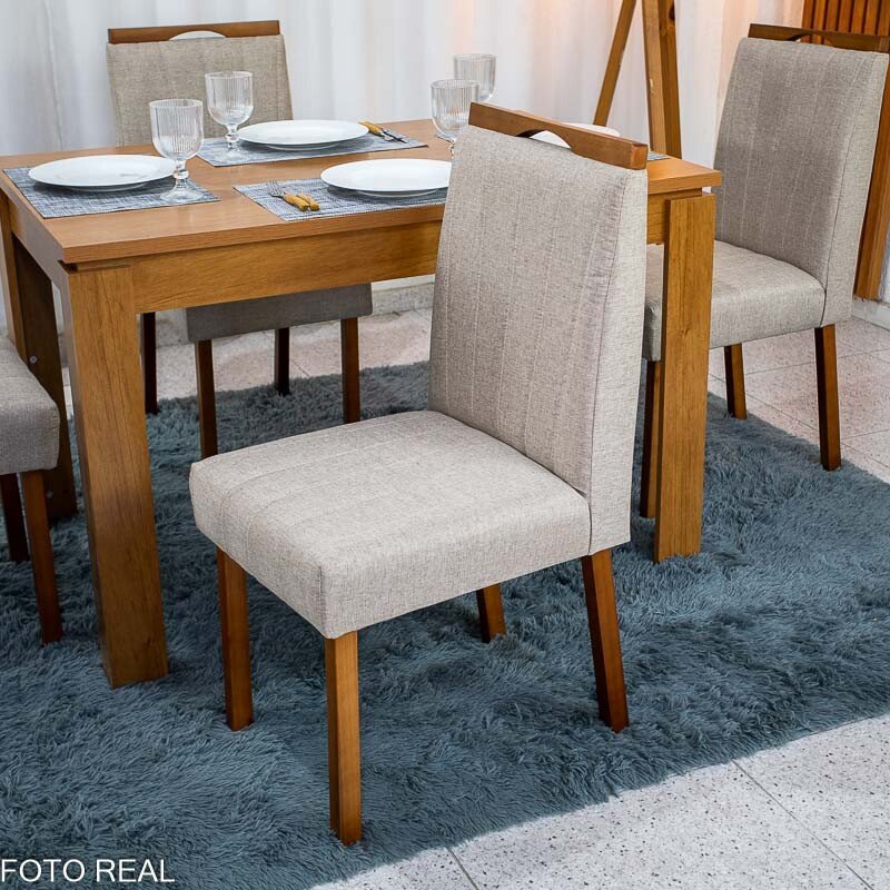 Mesa Athenas 120x80 Amêndoa Clean Tampo Maciço - Móveis Lopas + 4 Cad. Isabela Linho Bege Madeira Maciça Entregue Montada - KM Decor - Imagem 5