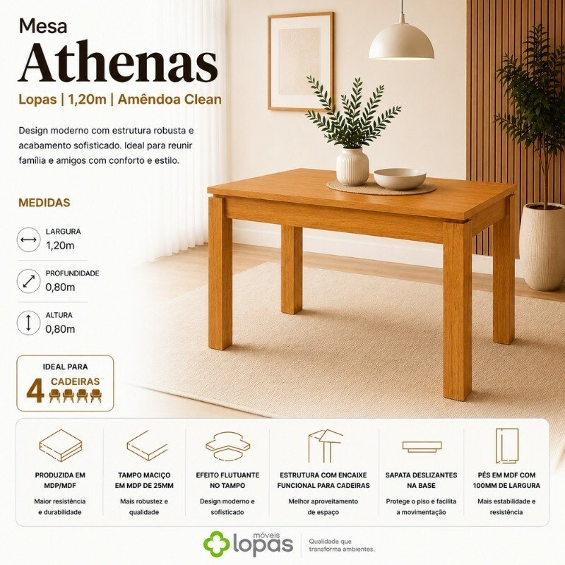 Mesa Athenas 120x80 Amêndoa Clean Tampo Maciço - Móveis Lopas + 4 Cad. Isabela Linho Bege Madeira Maciça Entregue Montada - KM Decor - Imagem 11