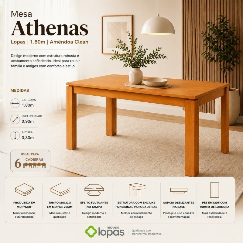Mesa Athenas 180x90 Amêndoa Clean Tampo Maciço - Móveis Lopas + 6 Cad. Cantiga Boucle Bege Madeira Maciça - Bechara - Imagem 11