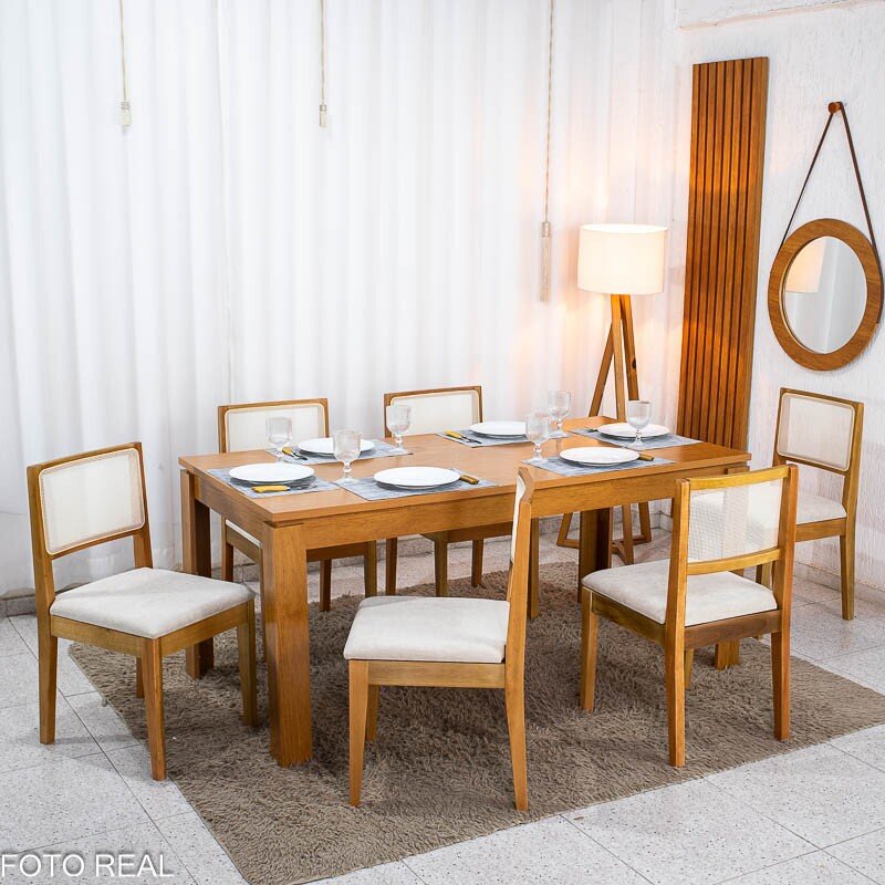 Mesa Athenas 180x90 Amêndoa Clean Tampo Maciço - Móveis Lopas + 6 Cad. Cantiga Boucle Bege Madeira Maciça - Bechara - Imagem 3