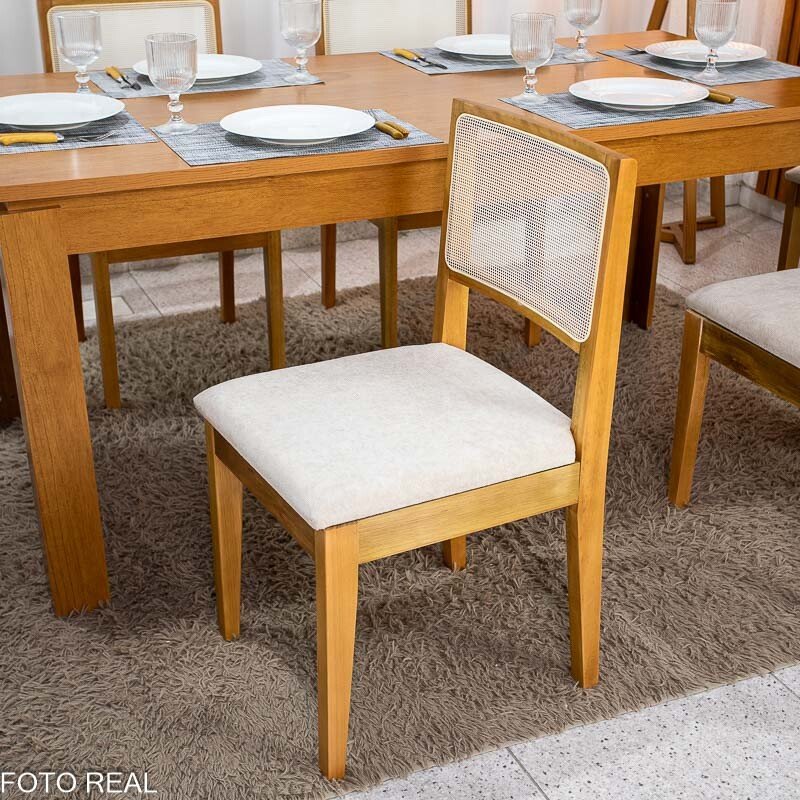 Mesa Athenas 180x90 Amêndoa Clean Tampo Maciço - Móveis Lopas + 6 Cad. Cantiga Boucle Bege Madeira Maciça - Bechara - Imagem 4
