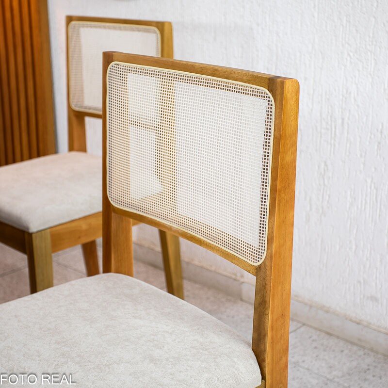 Mesa Athenas 180x90 Amêndoa Clean Tampo Maciço - Móveis Lopas + 6 Cad. Cantiga Boucle Bege Madeira Maciça - Bechara - Imagem 5