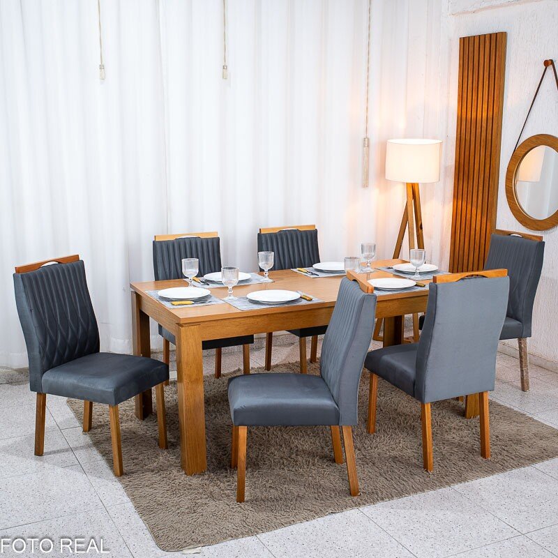 Mesa Athenas 180x90 Amêndoa Clean Tampo Maciço - Móveis Lopas + 6 Cad. Gênova Veludo Cinza 507 Madeira Entregue Montada - Art Assentos - Imagem 3