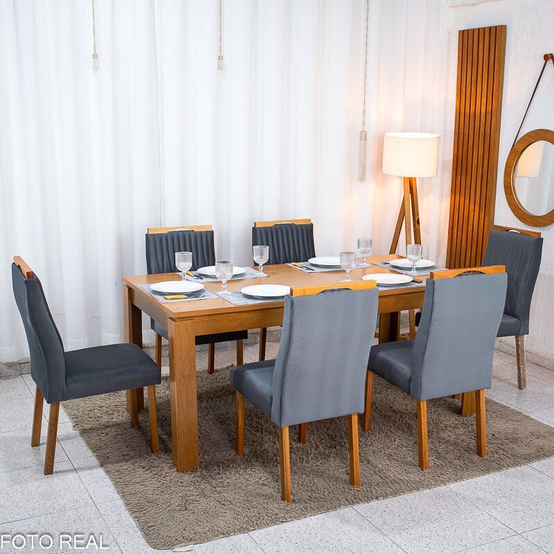 Mesa Athenas 180x90 Amêndoa Clean Tampo Maciço - Móveis Lopas + 6 Cad. Gênova Veludo Cinza 507 Madeira Entregue Montada - Art Assentos - Imagem 4