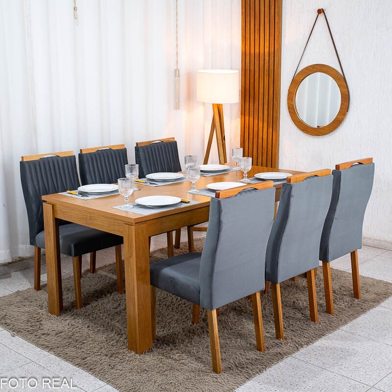 Mesa Athenas 180x90 Amêndoa Clean Tampo Maciço - Móveis Lopas + 6 Cad. Gênova Veludo Cinza 507 Madeira Entregue Montada - Art Assentos
