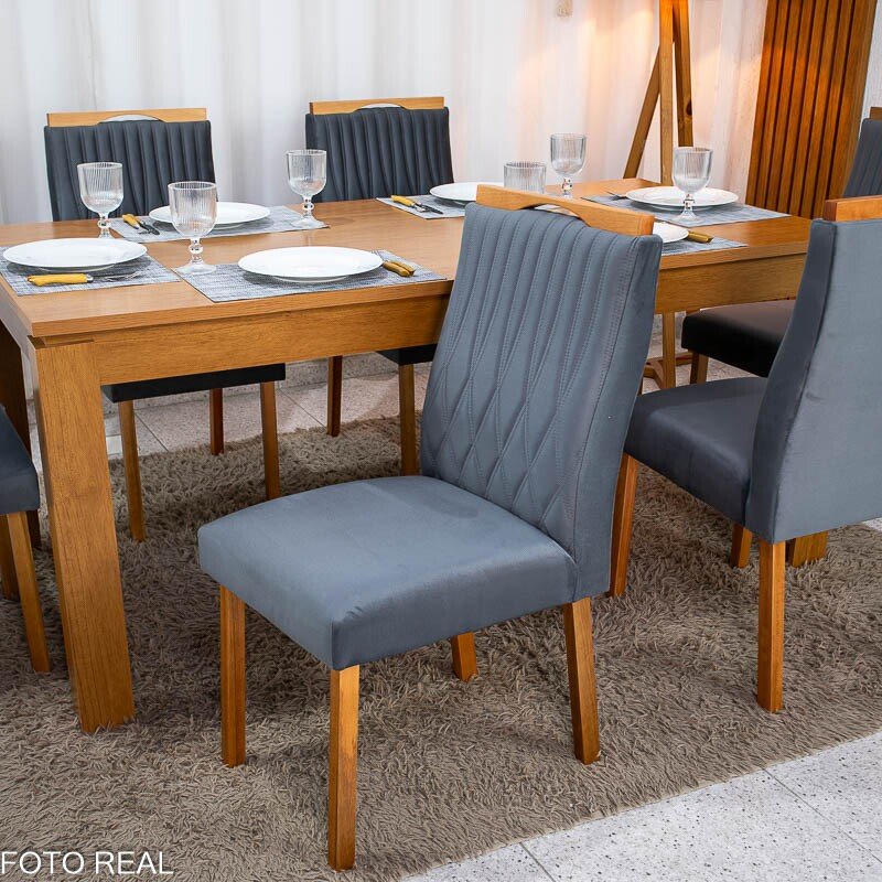 Mesa Athenas 180x90 Amêndoa Clean Tampo Maciço - Móveis Lopas + 6 Cad. Gênova Veludo Cinza 507 Madeira Entregue Montada - Art Assentos - Imagem 5