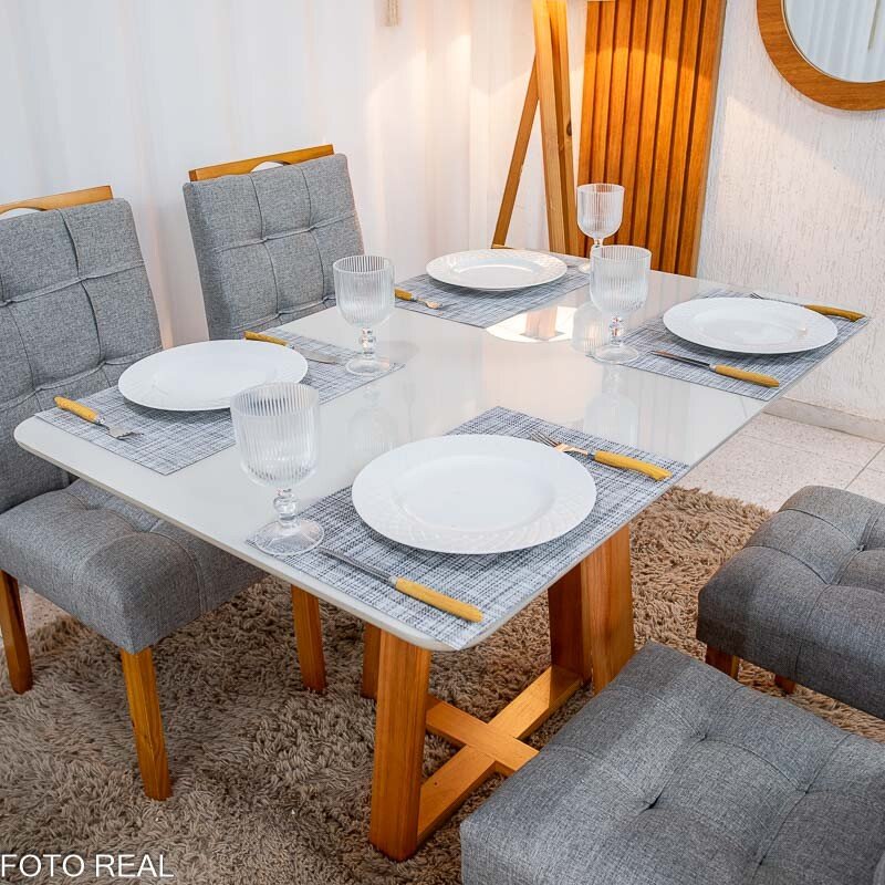 Mesa de Jantar Bali 120×80 Vidro Off/Base Madeira + 4 Cad. Londres Linho Cinza Madeira Minas Plac - Entregue Montada - Imagem 2
