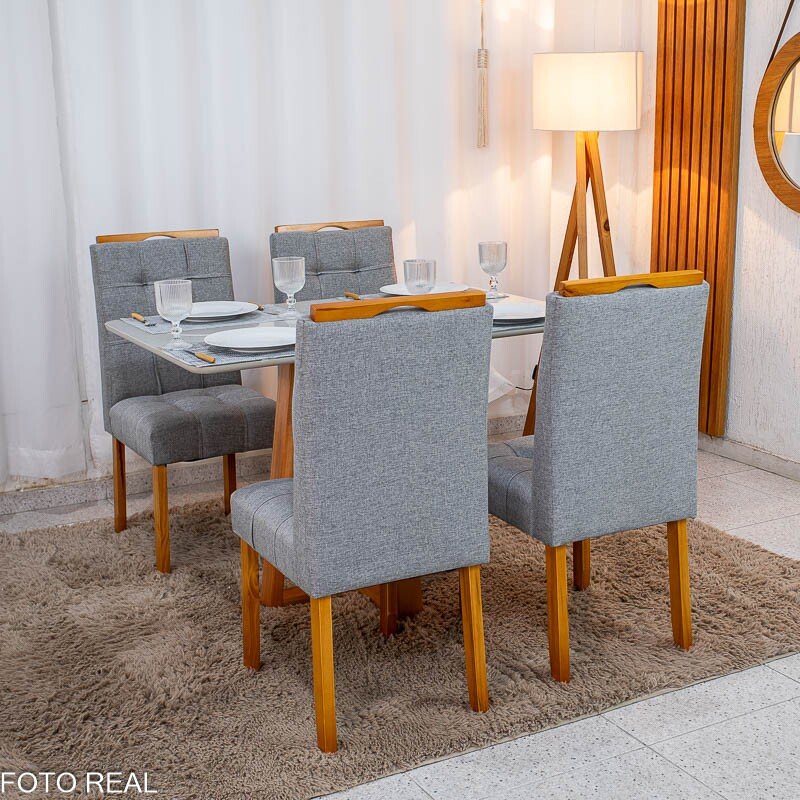 Mesa de Jantar Bali 120×80 Vidro Off/Base Madeira + 4 Cad. Londres Linho Cinza Madeira Minas Plac - Entregue Montada - Imagem 3