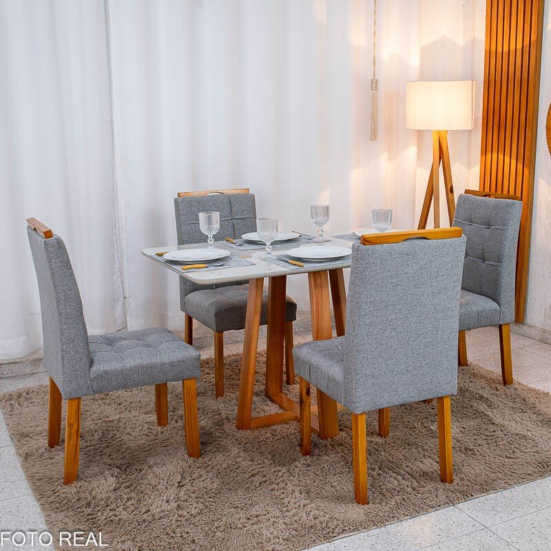 Mesa de Jantar Bali 120×80 Vidro Off/Base Madeira + 4 Cad. Londres Linho Cinza Madeira Minas Plac - Entregue Montada - Imagem 4
