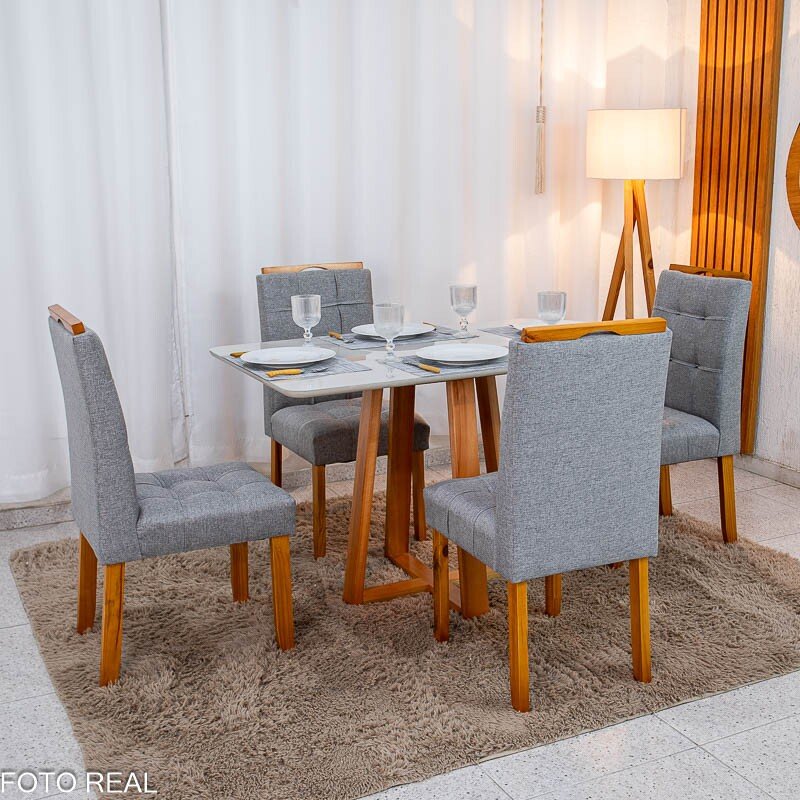 Mesa de Jantar Bali 120×80 Vidro Off/Base Madeira + 4 Cad. Londres Linho Cinza Madeira Minas Plac - Entregue Montada - Imagem 5
