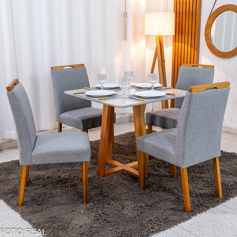 Mesa de Jantar Bali 90×90 Vidro Off/Base Madeira Minas Plac + 4 Cad. Isabela Linho Cinza 05 Madeira KM Decor - Entregue Montada