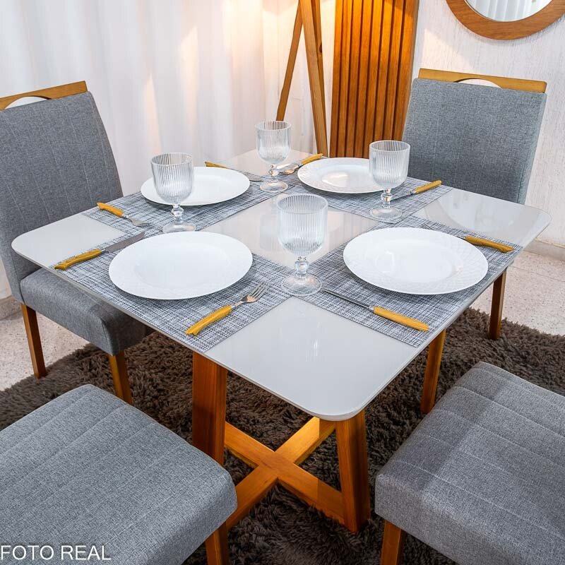 Mesa de Jantar Bali 90×90 Vidro Off/Base Madeira Minas Plac + 4 Cad. Isabela Linho Cinza 05 Madeira KM Decor - Entregue Montada - Imagem 2
