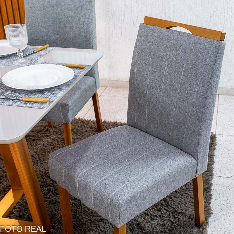 Mesa de Jantar Bali 90×90 Vidro Off/Base Madeira Minas Plac + 4 Cad. Isabela Linho Cinza 05 Madeira KM Decor - Entregue Montada - Imagem 5