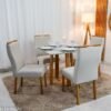 Mesa de Jantar Bali 90x90 Vidro Off/Base Madeira - Minas Plac + 4 Cad. Lisboa Veludo Bege 512 Madeira Art Assento - Entregue Montada