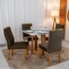 Mesa de Jantar Bali 90x90 Vidro Off/Base Madeira - Minas Plac + 4 Cad. Lisboa Veludo Marrom 509 Madeira Art Assento - Entregue Montada