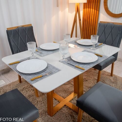 Alternative view of Mesa de Jantar Pedro 120×80 Vidro Off/Base Madeira + 4 Cad. Lisboa Veludo Cinza 507 Madeira Art Assento - Entregue Montada