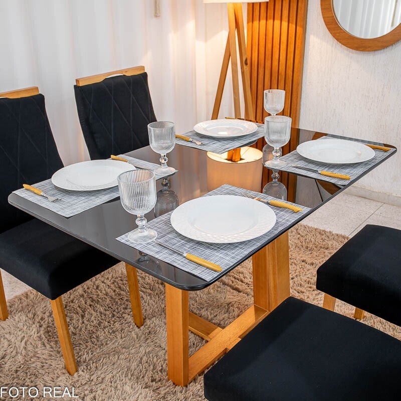 Mesa de Jantar Pedro 120×80 Vidro Preto/Base madeira + 4 Cad. Lisboa Veludo Preto 504 Madeira Art Assento - Entregue Montada - Imagem 2