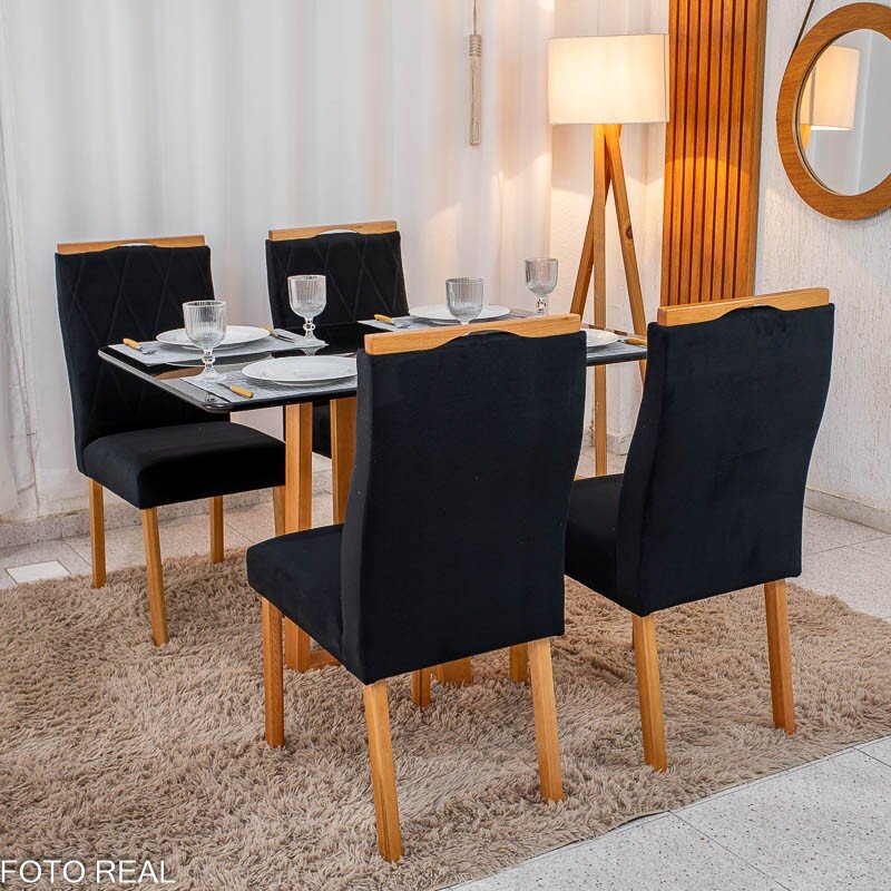 Mesa de Jantar Pedro 120×80 Vidro Preto/Base madeira + 4 Cad. Lisboa Veludo Preto 504 Madeira Art Assento - Entregue Montada - Imagem 3