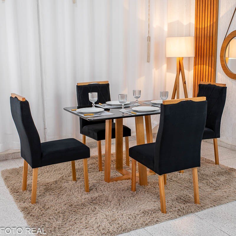 Mesa de Jantar Pedro 120×80 Vidro Preto/Base madeira + 4 Cad. Lisboa Veludo Preto 504 Madeira Art Assento - Entregue Montada - Imagem 4