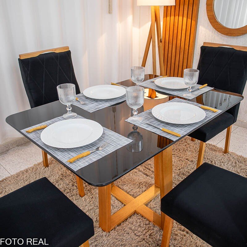 Mesa de Jantar Pedro 120×80 Vidro Preto/Base madeira + 4 Cad. Lisboa Veludo Preto 504 Madeira Art Assento - Entregue Montada - Imagem 5