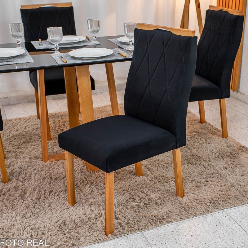 Mesa de Jantar Pedro 120×80 Vidro Preto/Base madeira + 4 Cad. Lisboa Veludo Preto 504 Madeira Art Assento - Entregue Montada - Imagem 6