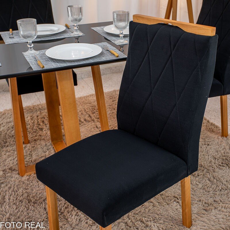 Mesa de Jantar Pedro 120×80 Vidro Preto/Base madeira + 4 Cad. Lisboa Veludo Preto 504 Madeira Art Assento - Entregue Montada - Imagem 7