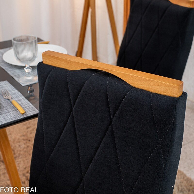 Mesa de Jantar Pedro 120×80 Vidro Preto/Base madeira + 4 Cad. Lisboa Veludo Preto 504 Madeira Art Assento - Entregue Montada - Imagem 8
