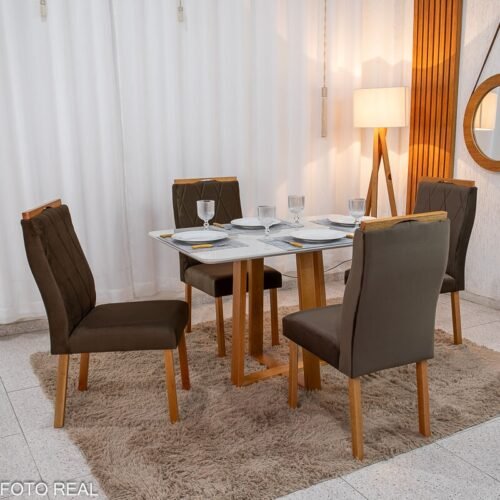 Mesa de Jantar Pedro 120x80 Vidro Off/Base Madeira + 4 Cad. Lisboa Veludo Marrom 509 Madeira Art Assento - Entregue Montada