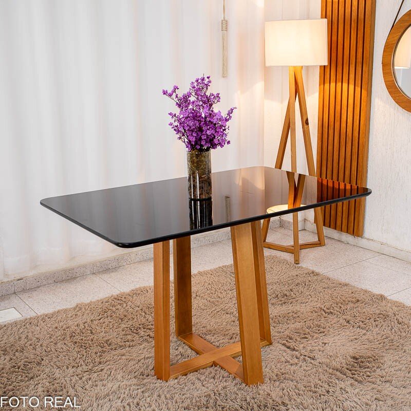 Mesa de Jantar Pedro 120×80 Vidro Preto/Base madeira + 4 Cad. Lisboa Veludo Preto 504 Madeira Art Assento - Entregue Montada - Imagem 9