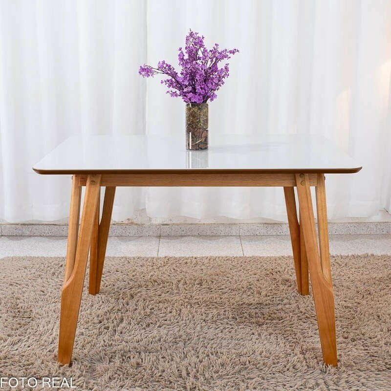 Mesa de Jantar Siena 120x90 Vidro Off/Base Madeira + 4 Cad. Lisboa Veludo Bege 512 Madeira Entregue Montada - Art Assento - Imagem 8