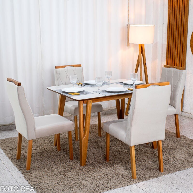 Mesa de Jantar Siena 120x90 Vidro Off/Base Madeira + 4 Cad. Lisboa Veludo Bege 512 Madeira Entregue Montada - Art Assento - Imagem 3