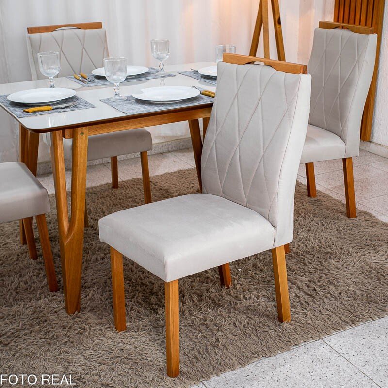 Mesa de Jantar Siena 120x90 Vidro Off/Base Madeira + 4 Cad. Lisboa Veludo Bege 512 Madeira Entregue Montada - Art Assento - Imagem 4