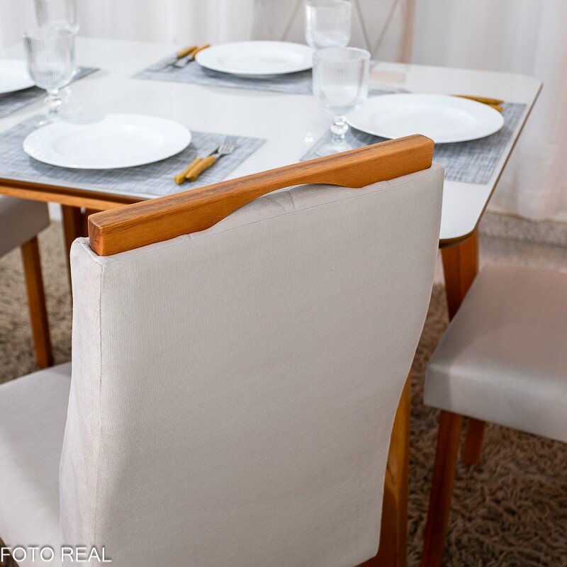 Mesa de Jantar Siena 120x90 Vidro Off/Base Madeira + 4 Cad. Lisboa Veludo Bege 512 Madeira Entregue Montada - Art Assento - Imagem 5