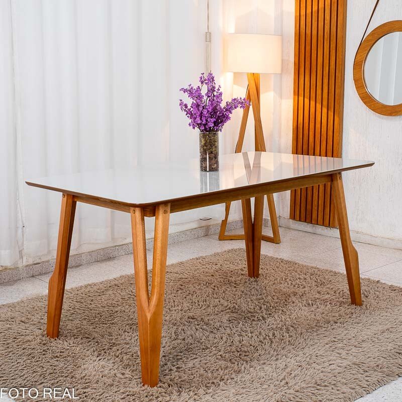 Mesa de Jantar Siena 160x90 Vidro Off/Base Madeira - Art Assento + 6 Cad. Isabela Linho Cinza 05 Madeira Maciça KM Decor - Entregue Montada - Imagem 5