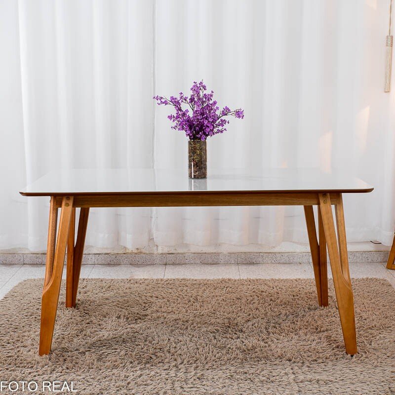 Mesa de Jantar Siena 160x90 Vidro Off/Base Madeira - Art Assento + 6 Cad. Isabela Linho Cinza 05 Madeira Maciça KM Decor - Entregue Montada - Imagem 6