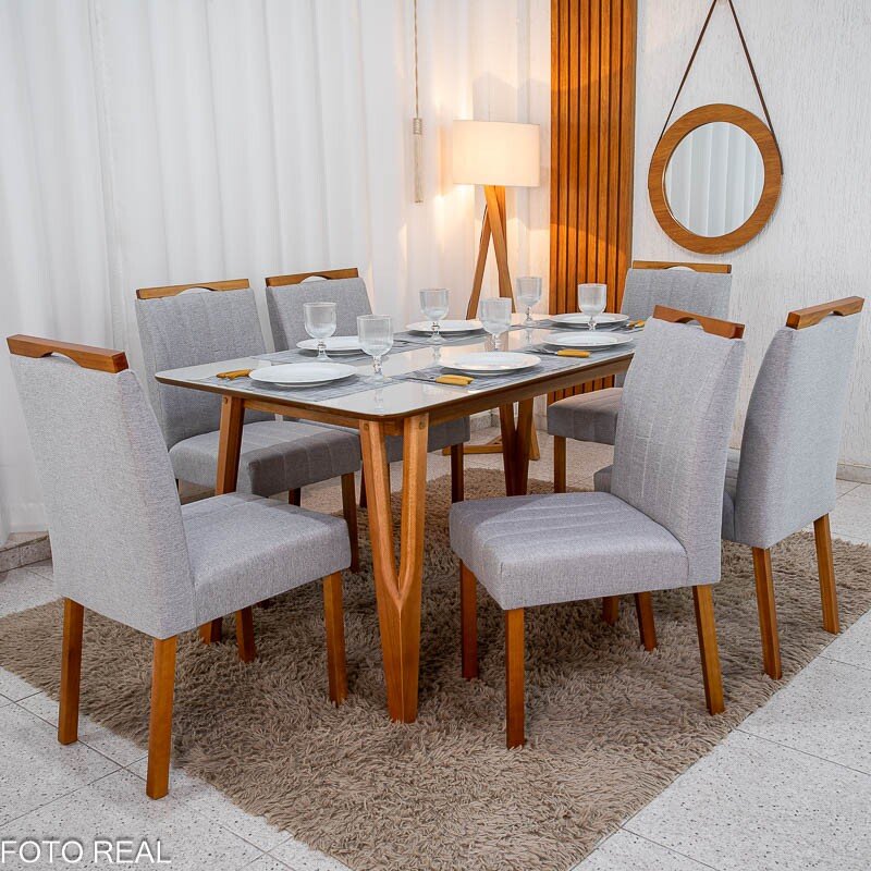 Mesa de Jantar Siena 160x90 Vidro Off/Base Madeira - Art Assento + 6 Cad. Isabela Linho Cinza 05 Madeira Maciça KM Decor - Entregue Montada - Imagem 3