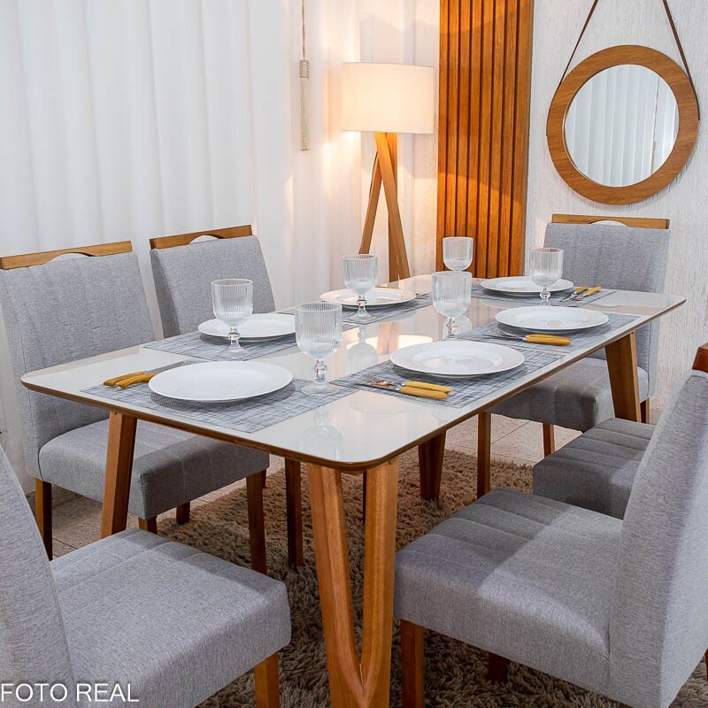 Mesa de Jantar Siena 160x90 Vidro Off/Base Madeira - Art Assento + 6 Cad. Isabela Linho Cinza 05 Madeira Maciça KM Decor - Entregue Montada - Imagem 2