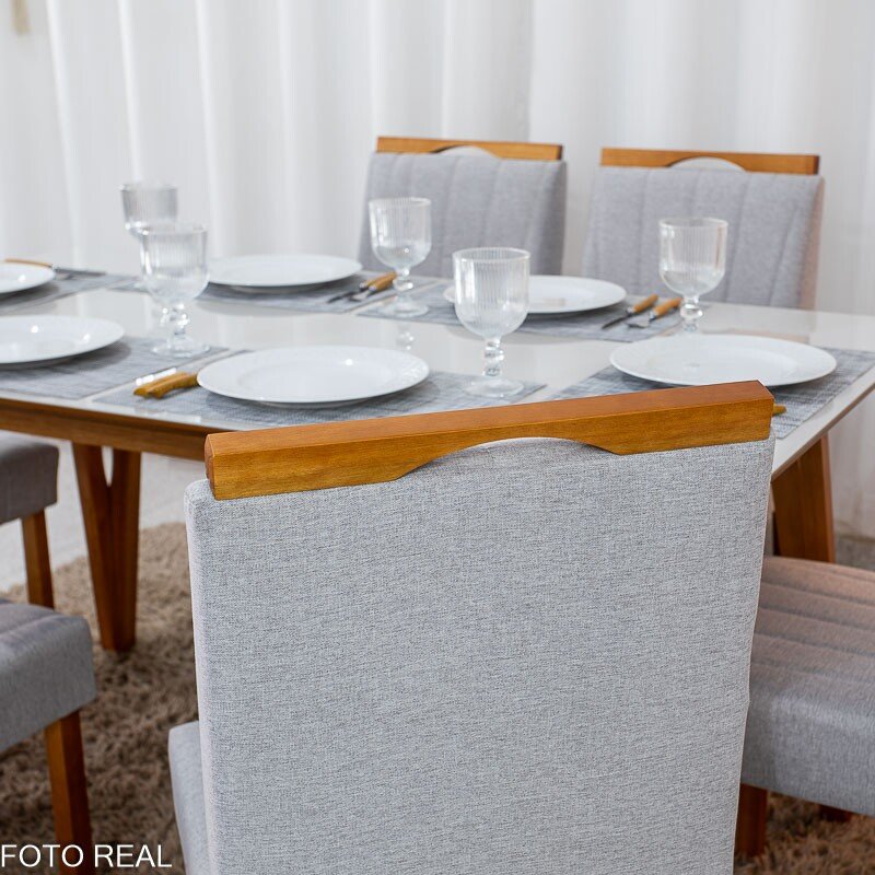 Mesa de Jantar Siena 160x90 Vidro Off/Base Madeira - Art Assento + 6 Cad. Isabela Linho Cinza 05 Madeira Maciça KM Decor - Entregue Montada - Imagem 4