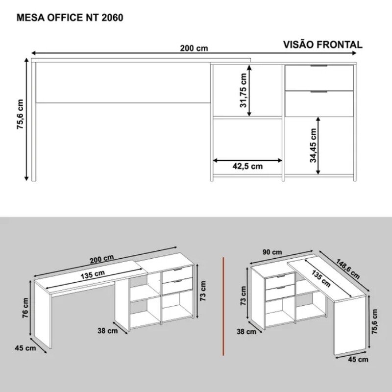 Mesa Office NT 2060 Larg. 2.00m Branco 2 Gavetas Notável - Imagem 5
