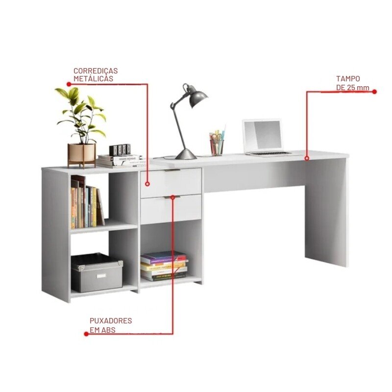 Mesa Office NT 2060 Larg. 2.00m Branco 2 Gavetas Notável - Imagem 10
