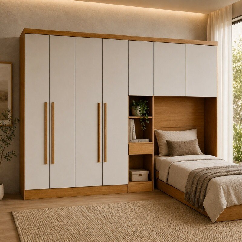 Modulado Solteiro Cumaru/Fendi Fosco 1 Roupeiro Rizon 4 Pts + 1 Criado Rizon + 1 Aéreo 2 portas Rizon - Novo Horizonte