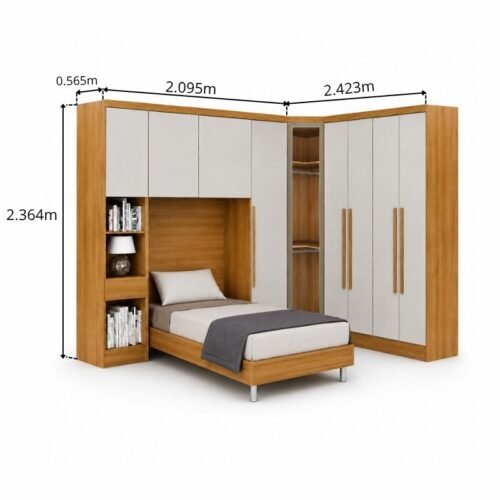 Alternative view of Modulado Solteiro Cumaru/Fendi Fosco 1 Roupeiro Rizon 4 Pts + 1 Criado Rizon + 1 Canto Oblíquo Rizon C/Porta de Vidro + 1 Modulado Rizon 1 Porta + 1 Aéreo 2 portas Rizon - Novo Horizonte