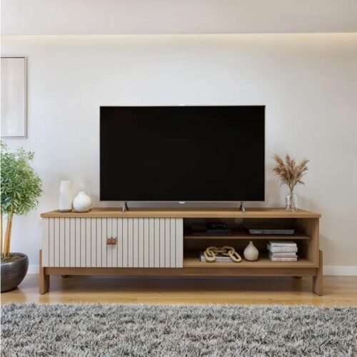 Rack Bancada Ouro Preto Larg. 1.64m Cinamomo/Off C/Detalhe Frisado para TV até 65" - Valdemóveis