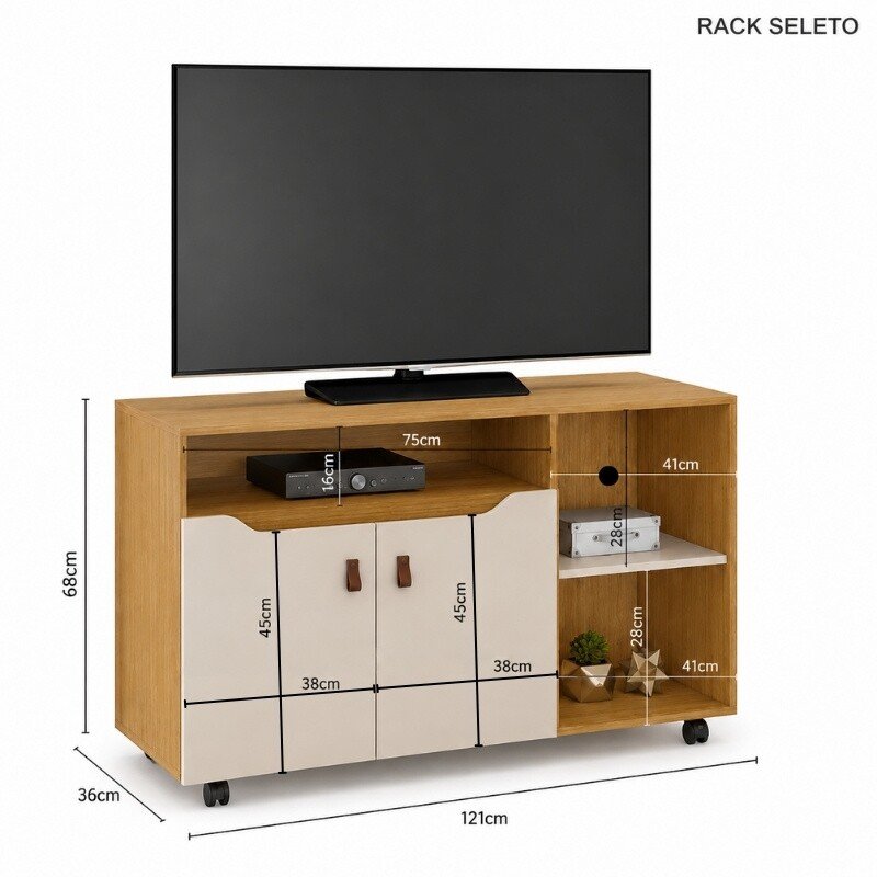 Rack Seleto Candian Larg. 1.21m Cinamomo/Off para TV até 49" - JCM - Imagem 4